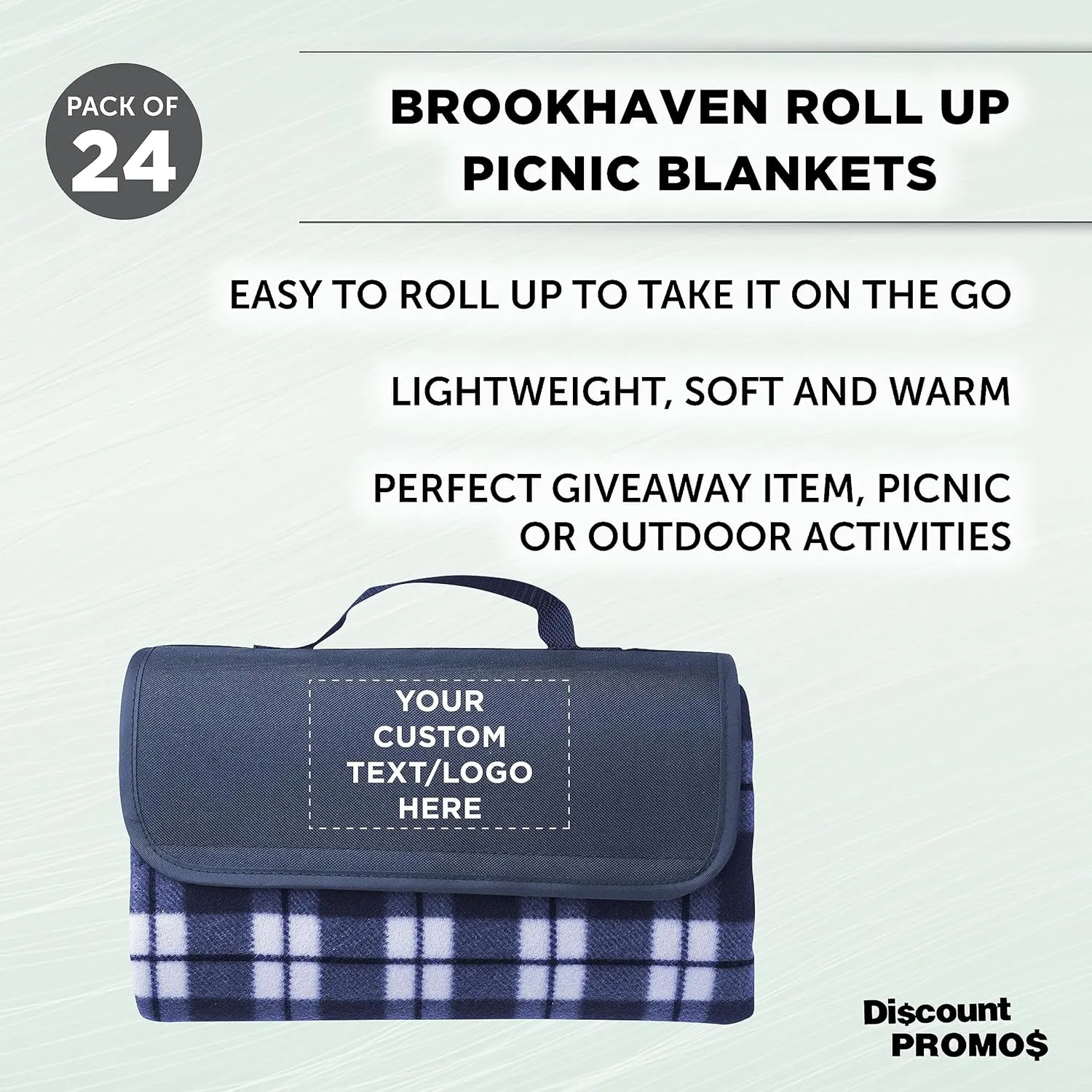 DISCOUNT PROMOS 24 Brookhaven Roll Up Picnic Blankets Set - Customizable Text, Logo - Fleece, Woven Handle - Navy Blue