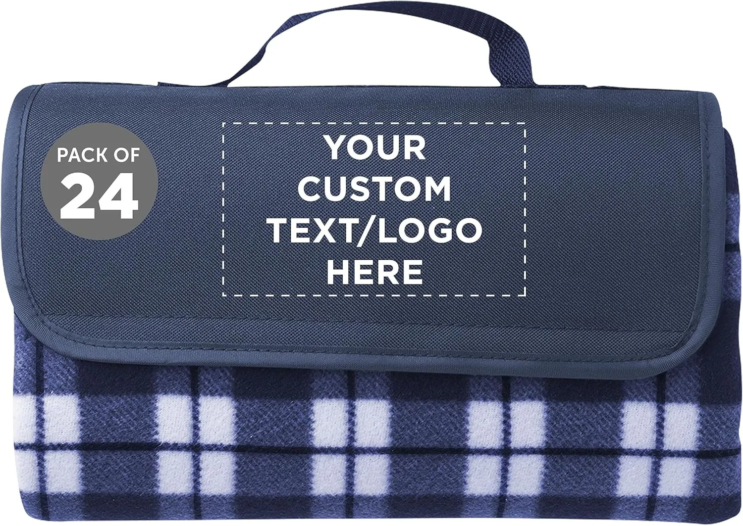 DISCOUNT PROMOS 24 Brookhaven Roll Up Picnic Blankets Set - Customizable Text, Logo - Fleece, Woven Handle - Navy Blue