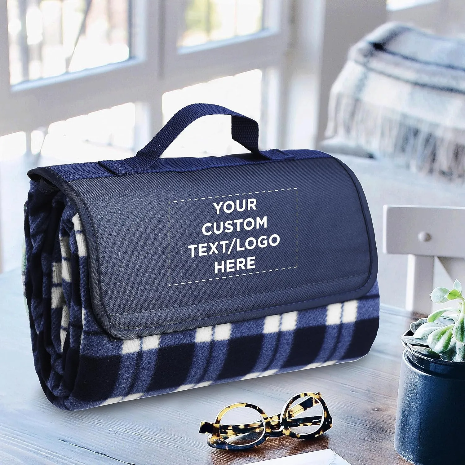 DISCOUNT PROMOS 24 Brookhaven Roll Up Picnic Blankets Set - Customizable Text, Logo - Fleece, Woven Handle - Navy Blue