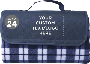 DISCOUNT PROMOS 24 Brookhaven Roll Up Picnic Blankets Set - Customizable Text, Logo - Fleece, Woven Handle - Navy Blue