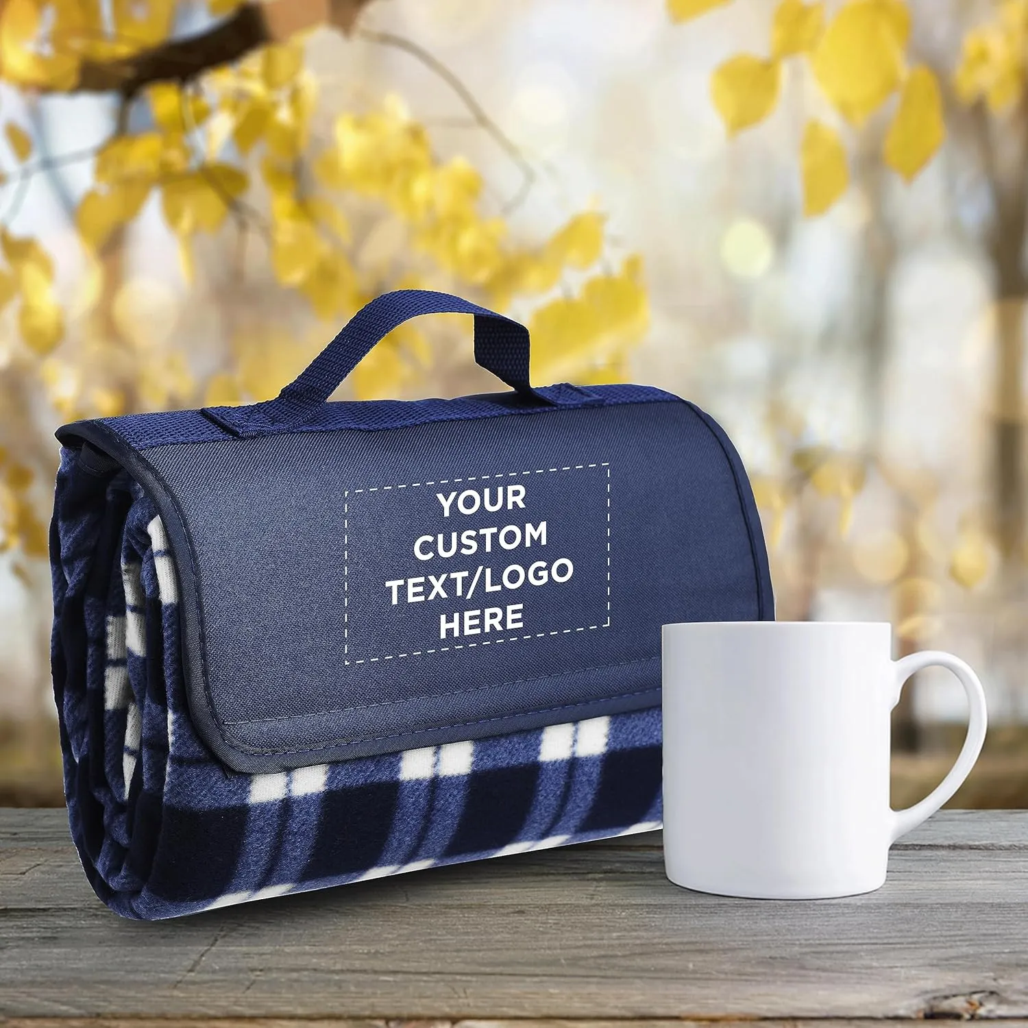DISCOUNT PROMOS 24 Brookhaven Roll Up Picnic Blankets Set - Customizable Text, Logo - Fleece, Woven Handle - Navy Blue