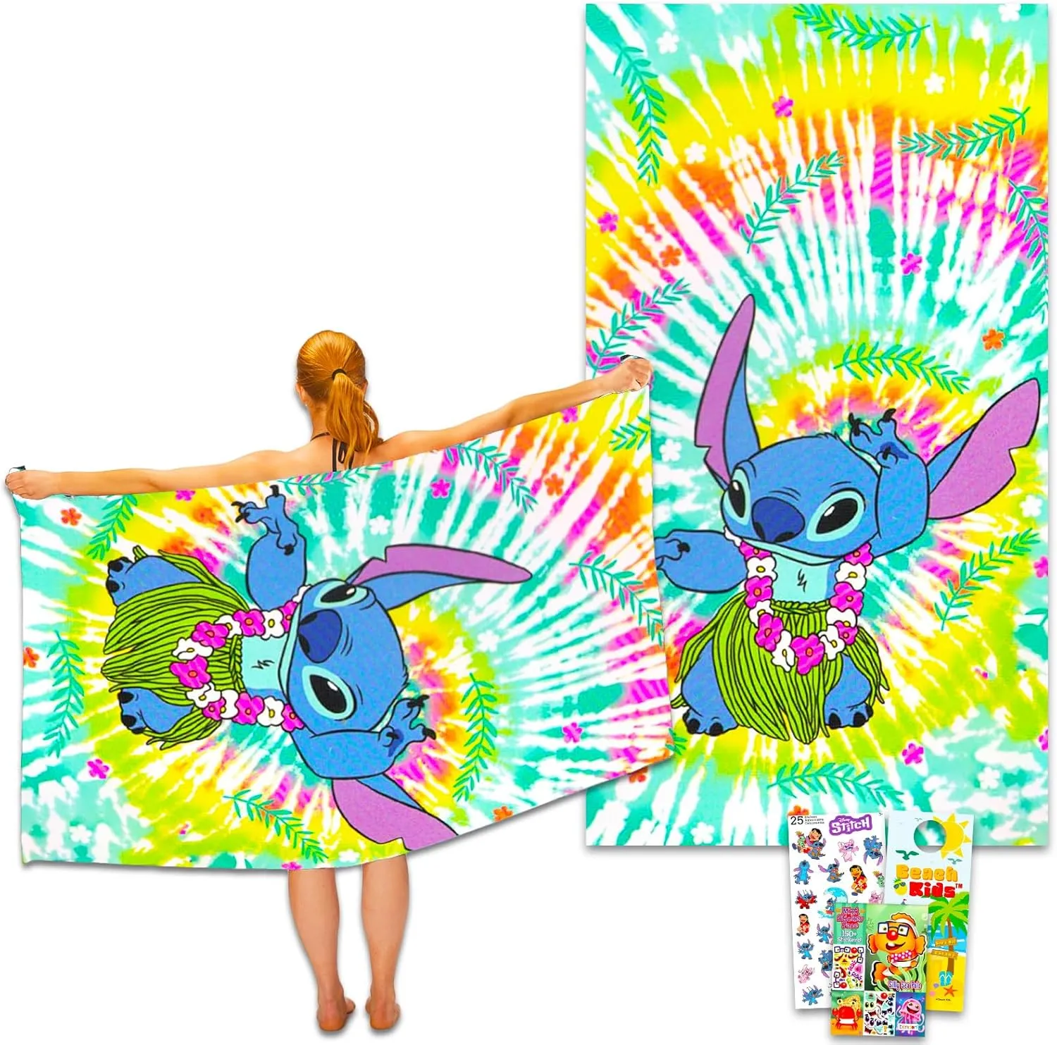 Disney Stitch Beach Towel Set - Bundle with Lilo and Stitch 40" x72" Microfiber Towel Plus Stitch Stickers, More | Stitch Pool Towel for Kids and Adults