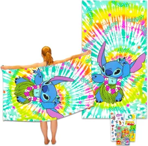Disney Stitch Beach Towel Set - Bundle with Lilo and Stitch 40" x72" Microfiber Towel Plus Stitch Stickers, More | Stitch Pool Towel for Kids and Adults