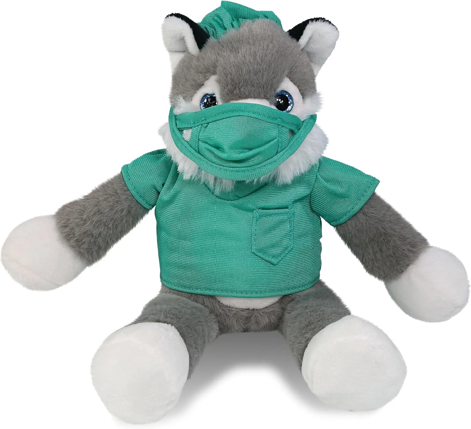 DolliBu Long Leg Husky Doctor Plush Toy - Super Soft Husky Doctor Dog Stuffed Animal Dress Up with Cute Scrub Uniform and Cap Outfit - Fluffy Doctor Toy Plush Gift with Personalization - 10.5 Inches
