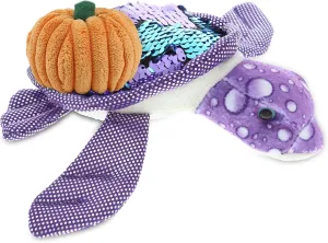 DolliBu Space Sequin Plush Purple Sea Turtle Stuffed Animal with Pumpkin Decor and Name Personalization - Pumpkin Plush Animal for Fall, Halloween and Thanksgiving, Pumpkin Toy for Kids - 7.5 Inches
