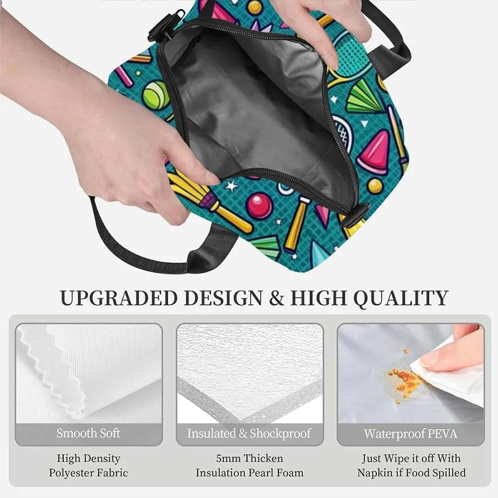 Doodle Badminton Copy Space Text Insulated Adult Lunch Bag with Shoulder Strap for Women Lightweight Reusable Portable Freezable Lunch Tote Bag for Work Picnic