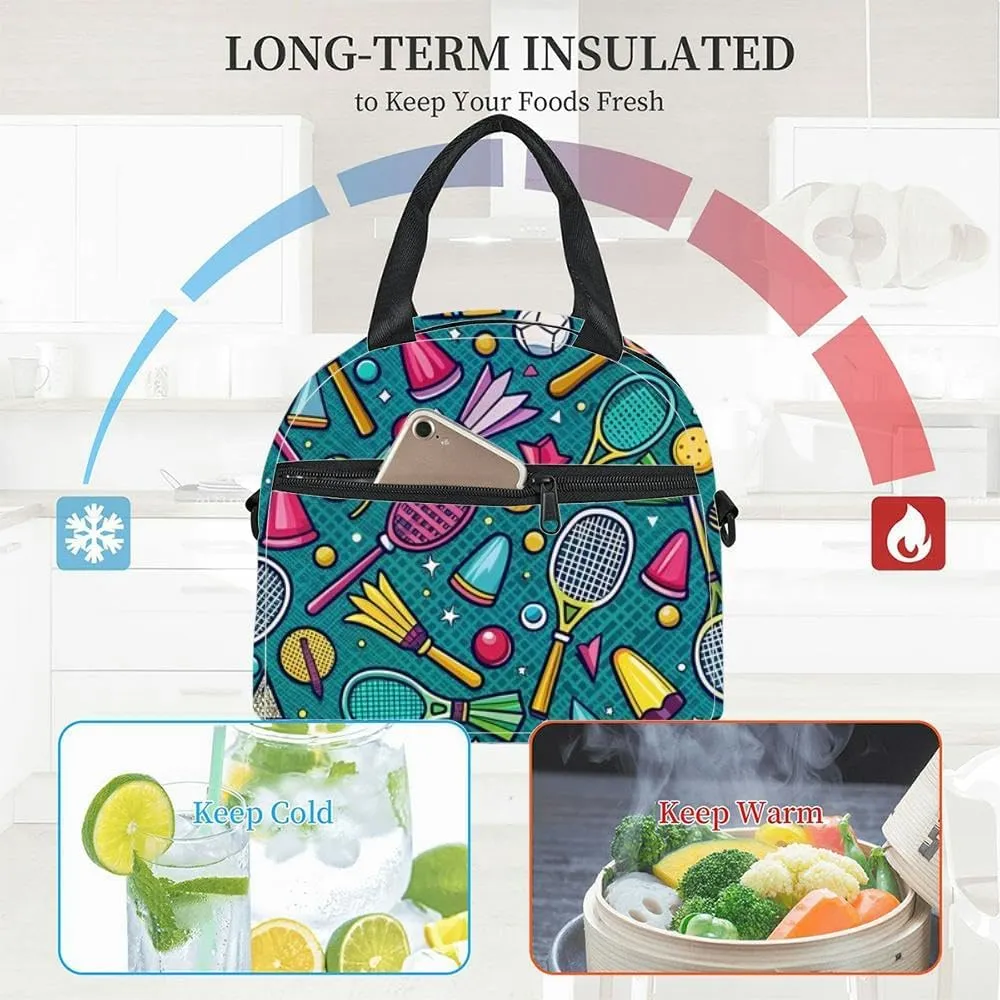 Doodle Badminton Copy Space Text Insulated Adult Lunch Bag with Shoulder Strap for Women Lightweight Reusable Portable Freezable Lunch Tote Bag for Work Picnic