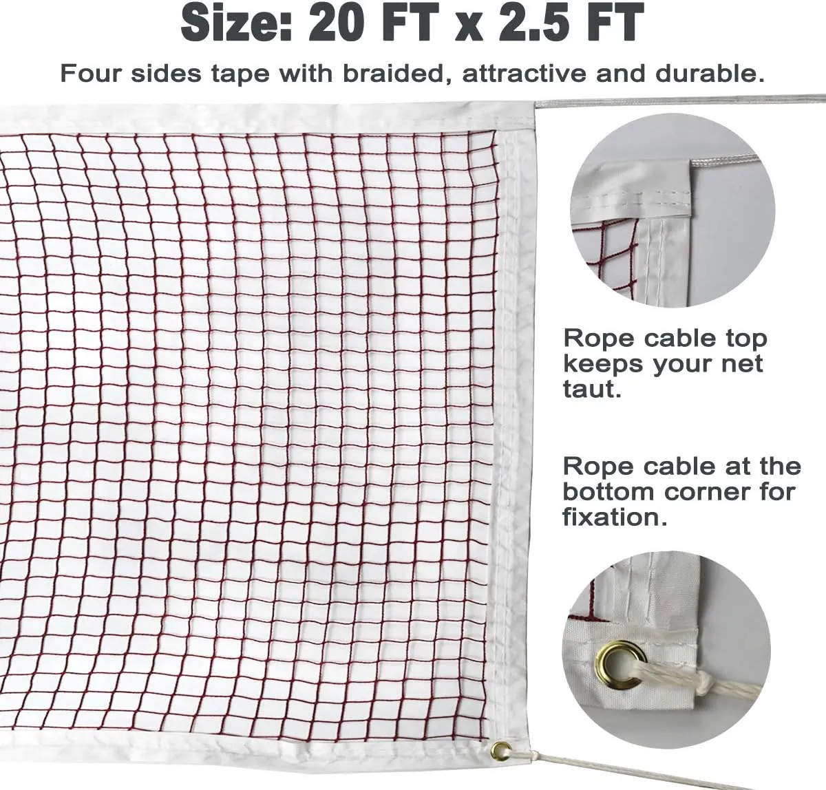 DOURR Badminton Tournament Net with Rope Cable 20 FT x 2.5 FT