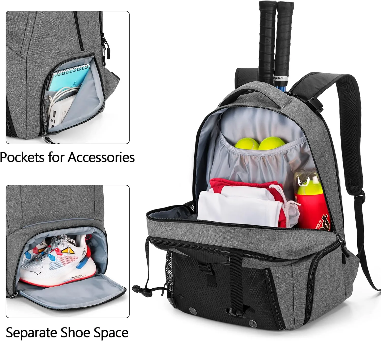 DSLEAF Tennis Backpack for 2 Rackets, Tennis Bag with Separate Ventilated Shoe Space for Tennis/Pickleball/Badminton/Squash Racquet and Accessories