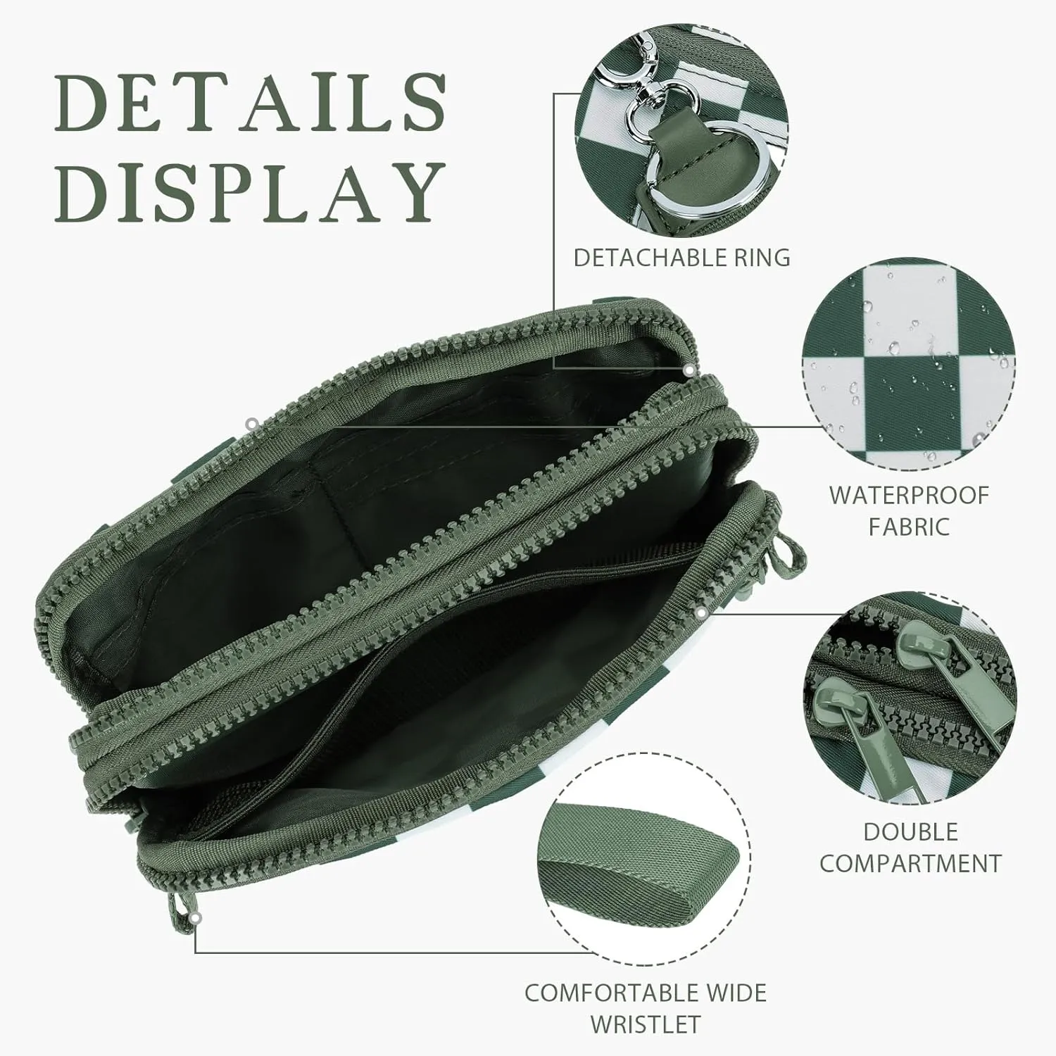 Dual Wristlet Wallets for Women,Checkered Crossbody Purse with 4 Zippers Large Nylon Wristlet Purse with ID Window