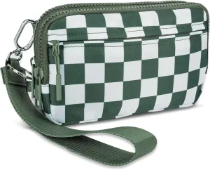 Dual Wristlet Wallets for Women,Checkered Crossbody Purse with 4 Zippers Large Nylon Wristlet Purse with ID Window