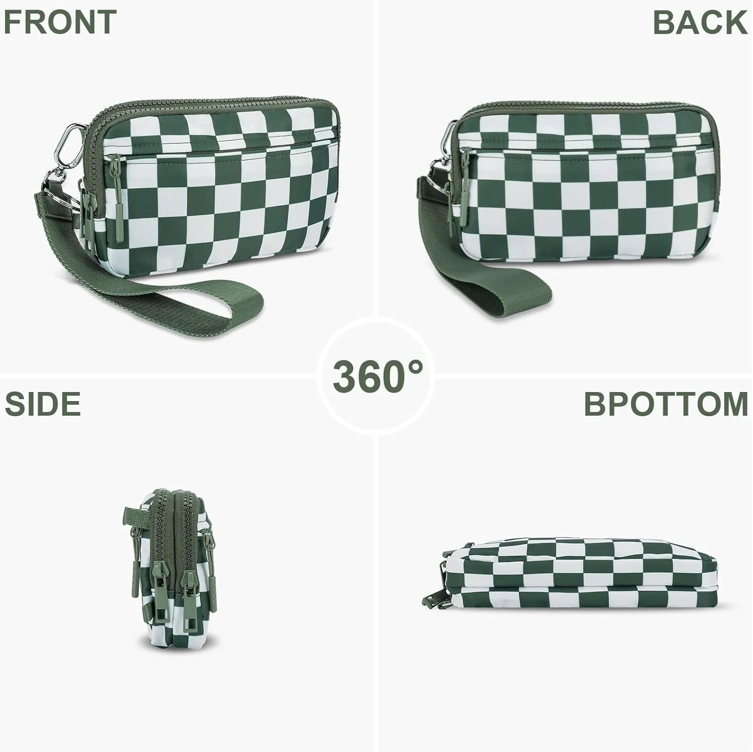 Dual Wristlet Wallets for Women,Checkered Crossbody Purse with 4 Zippers Large Nylon Wristlet Purse with ID Window