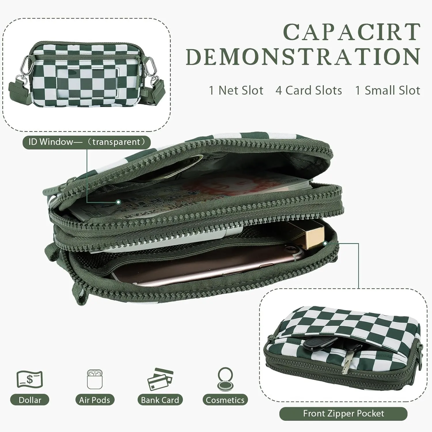 Dual Wristlet Wallets for Women,Checkered Crossbody Purse with 4 Zippers Large Nylon Wristlet Purse with ID Window