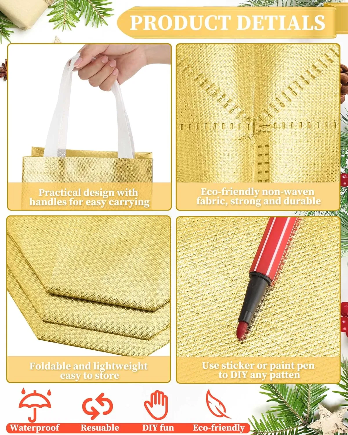 Eccliy 80 Pieces Gift Bags Set Glossy Reusable Tote with Handles Grocery Bags Bulk for Wedding, Bachelorette Party, Christmas(Medium,Gold)