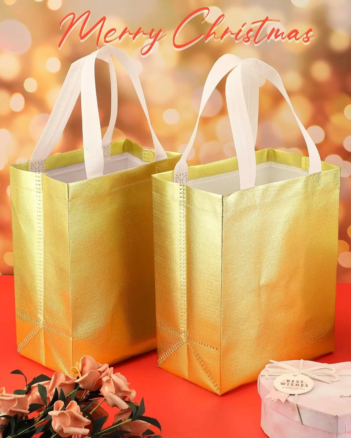 Eccliy 80 Pieces Gift Bags Set Glossy Reusable Tote with Handles Grocery Bags Bulk for Wedding, Bachelorette Party, Christmas(Medium,Gold)