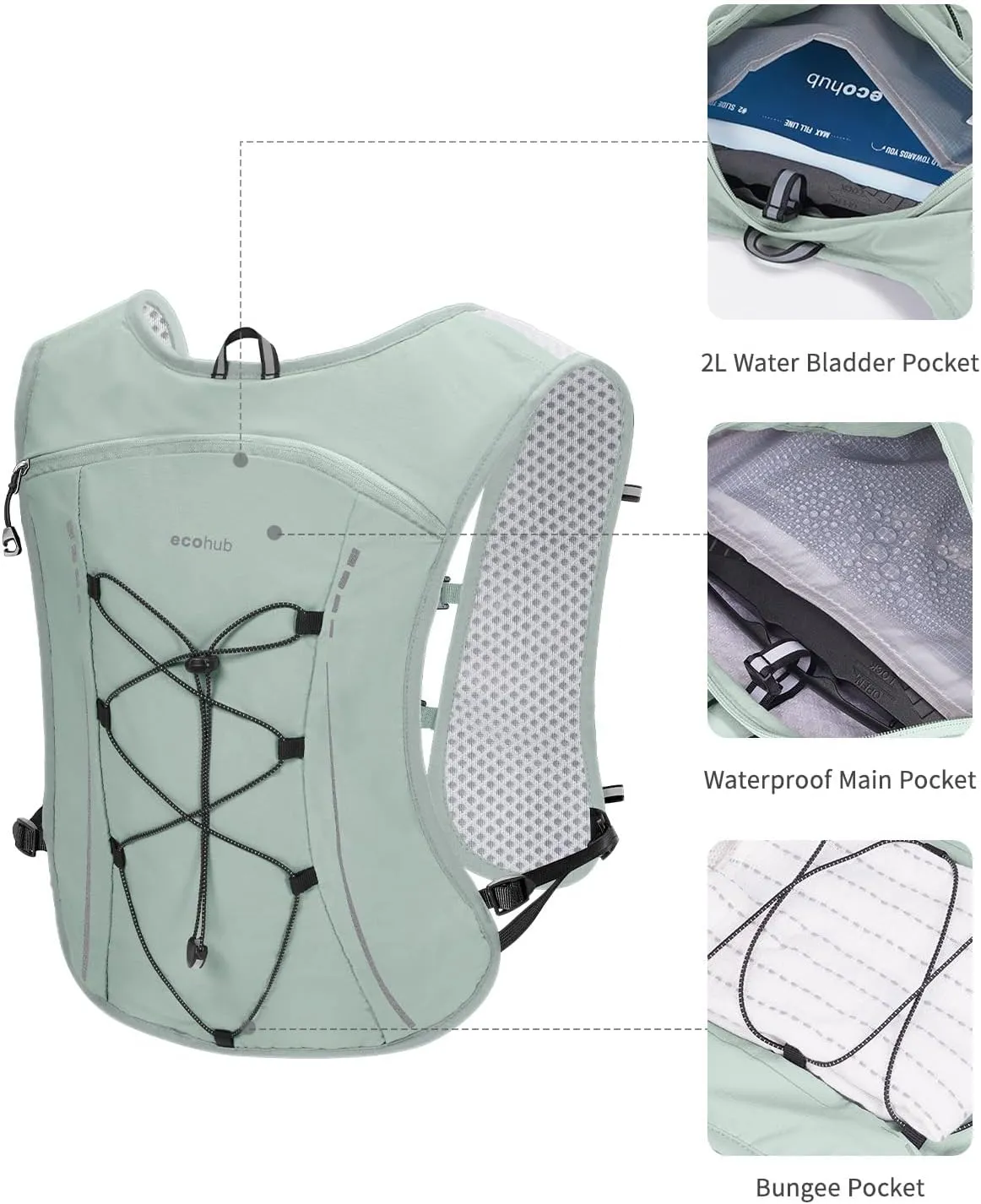 ECOHUB Running Hydration Vest Backpack, Lightweight Breathable Pack with 2L Water Bladder Bag Daypack for Hiking Trail Running Cycling Race Marathon for Women Men