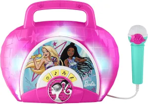 eKids Barbie Sing Along Boom Box Speaker with Microphone for Fans of Barbie Toys, Kids Karaoke Machine with Built in Music and Flashing Lights