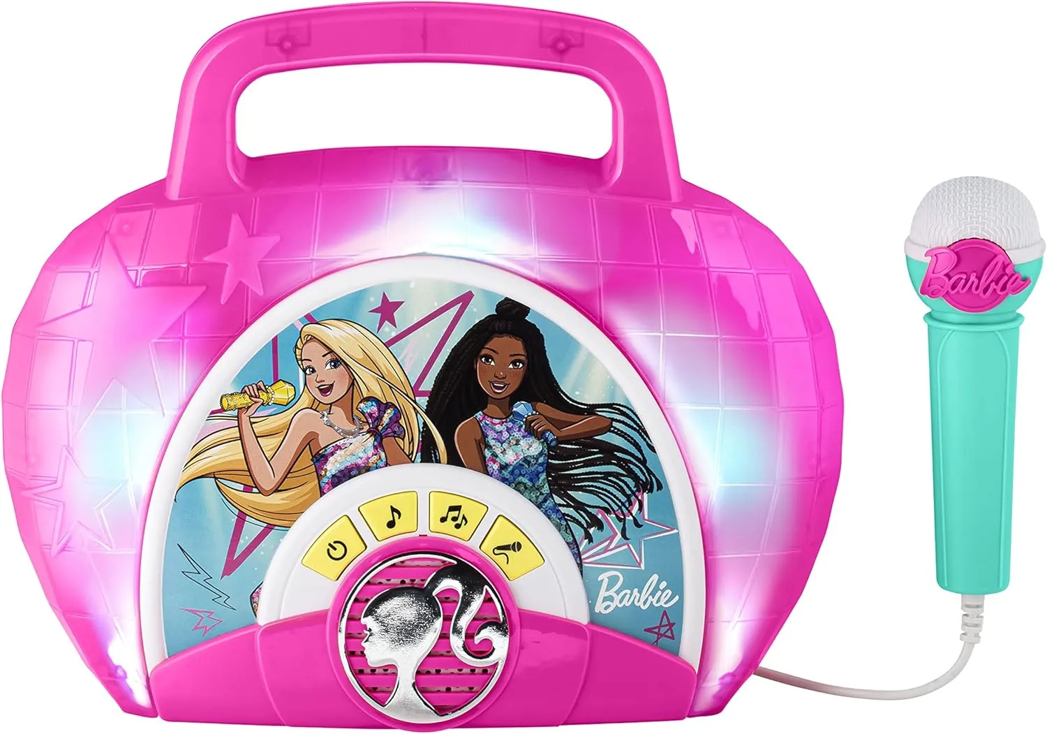 eKids Barbie Sing Along Boom Box Speaker with Microphone for Fans of Barbie Toys, Kids Karaoke Machine with Built in Music and Flashing Lights