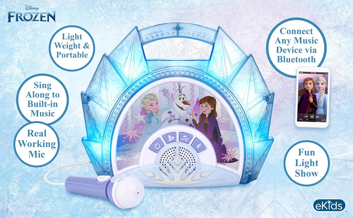 eKids Disney Frozen Karaoke Microphone with Bluetooth Speaker for Fans of Disney Toys, Kids Karaoke Machine with Built in Music