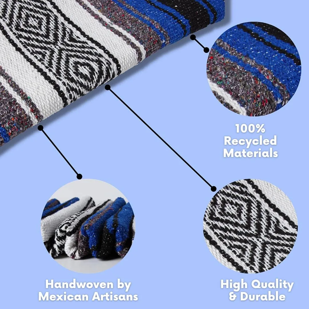 El Paso Designs Mexican Yoga Towel, Park Blanket, Picnic, Beach, Patio, Soft Woven Saddle Blanket, Boho Home Decor (Blue)