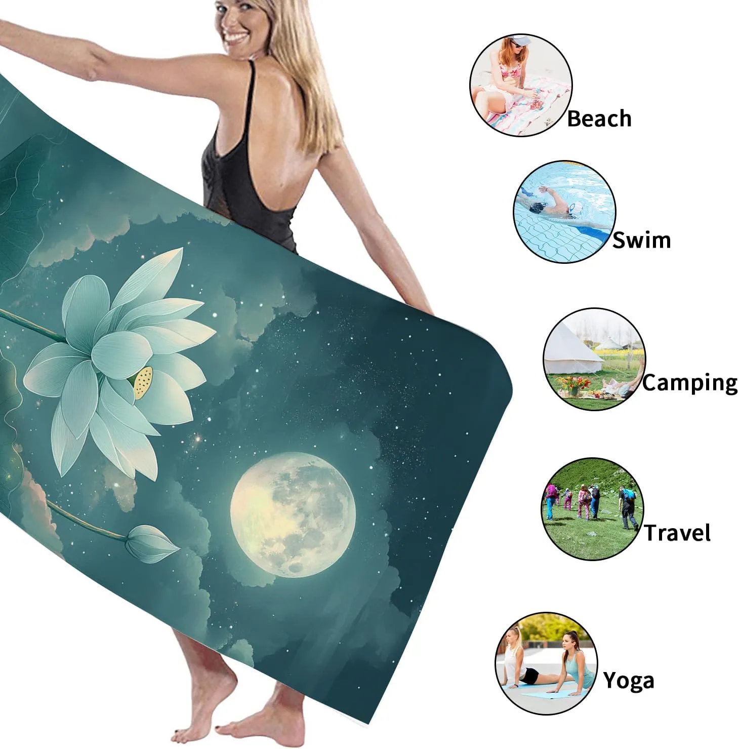 Elegant Water Lily Microfiber Beach Towel Soft Aqua Floral Design Sand Free Quick Dry Lightweight Bath Towel, Perfect for Outdoor Travel Pool Gym Picnic Essentials 62x31 Inch