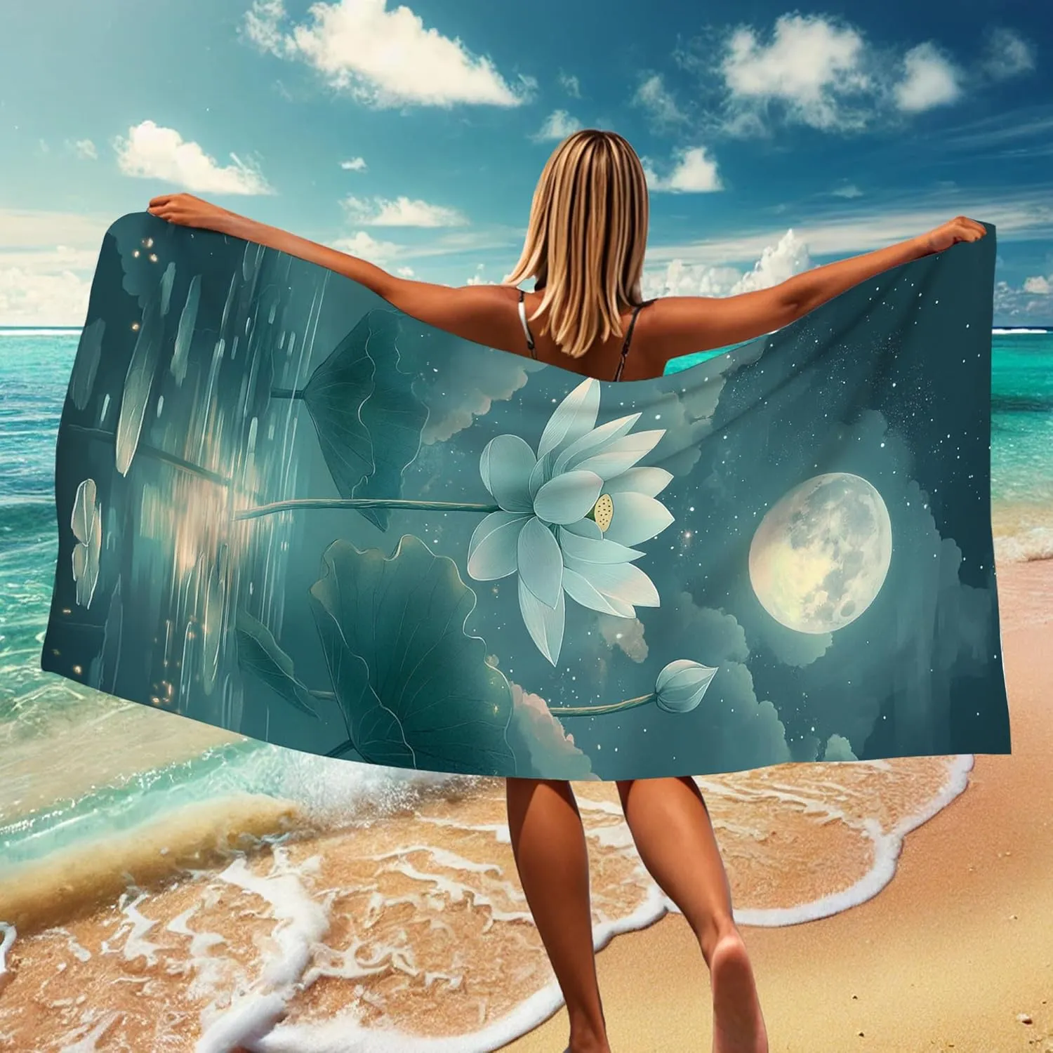Elegant Water Lily Microfiber Beach Towel Soft Aqua Floral Design Sand Free Quick Dry Lightweight Bath Towel, Perfect for Outdoor Travel Pool Gym Picnic Essentials 62x31 Inch