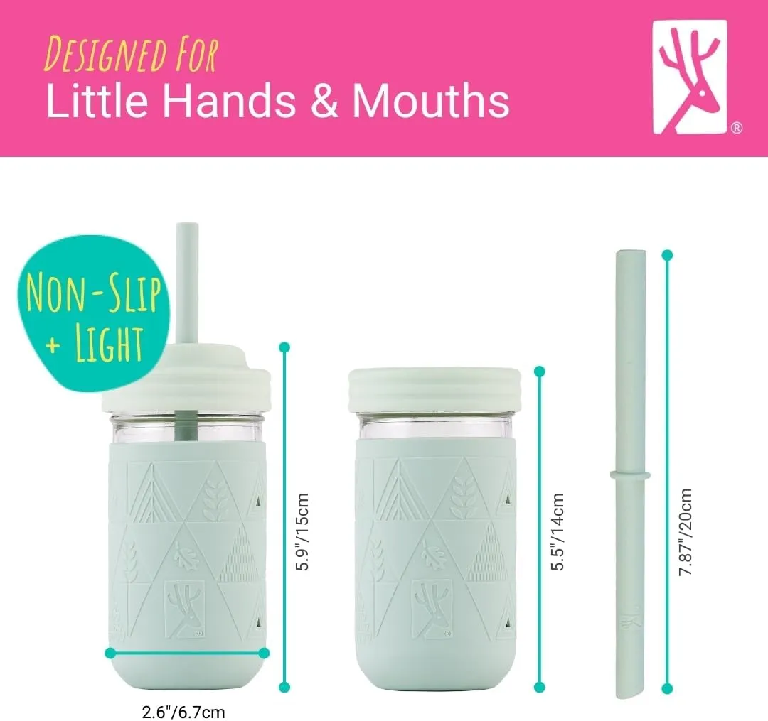 Elk and Friends Kids & Toddler Drinking Cups | Original Glass Mason Jar 12 oz with Silicone Sleeves   Straws | Smoothie Drinks | Spill Proof