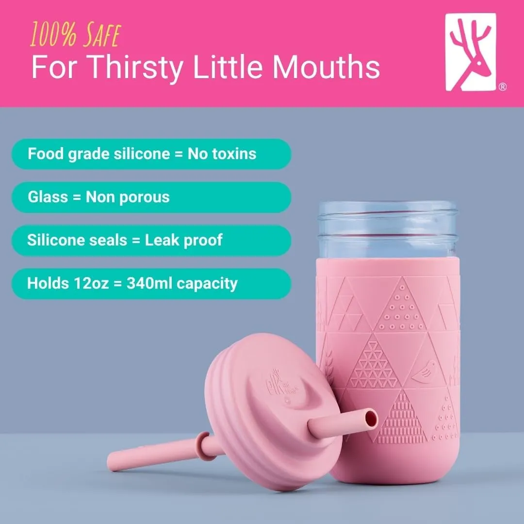 Elk and Friends Kids & Toddler Drinking Cups | Original Glass Mason Jar 12 oz with Silicone Sleeves   Straws | Smoothie Drinks | Spill Proof