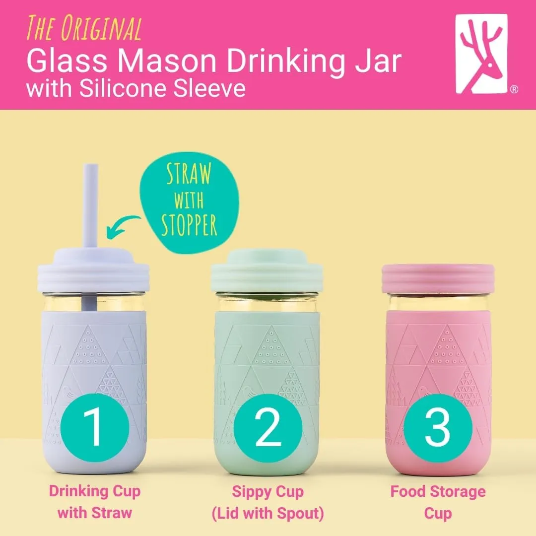 Elk and Friends Kids & Toddler Drinking Cups | Original Glass Mason Jar 12 oz with Silicone Sleeves   Straws | Smoothie Drinks | Spill Proof