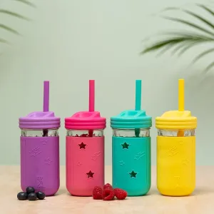 Elk and Friends Kids & Toddler Drinking Cups | Original Glass Mason Jar 12 oz with Silicone Sleeves   Straws | Smoothie Drinks | Spill Proof