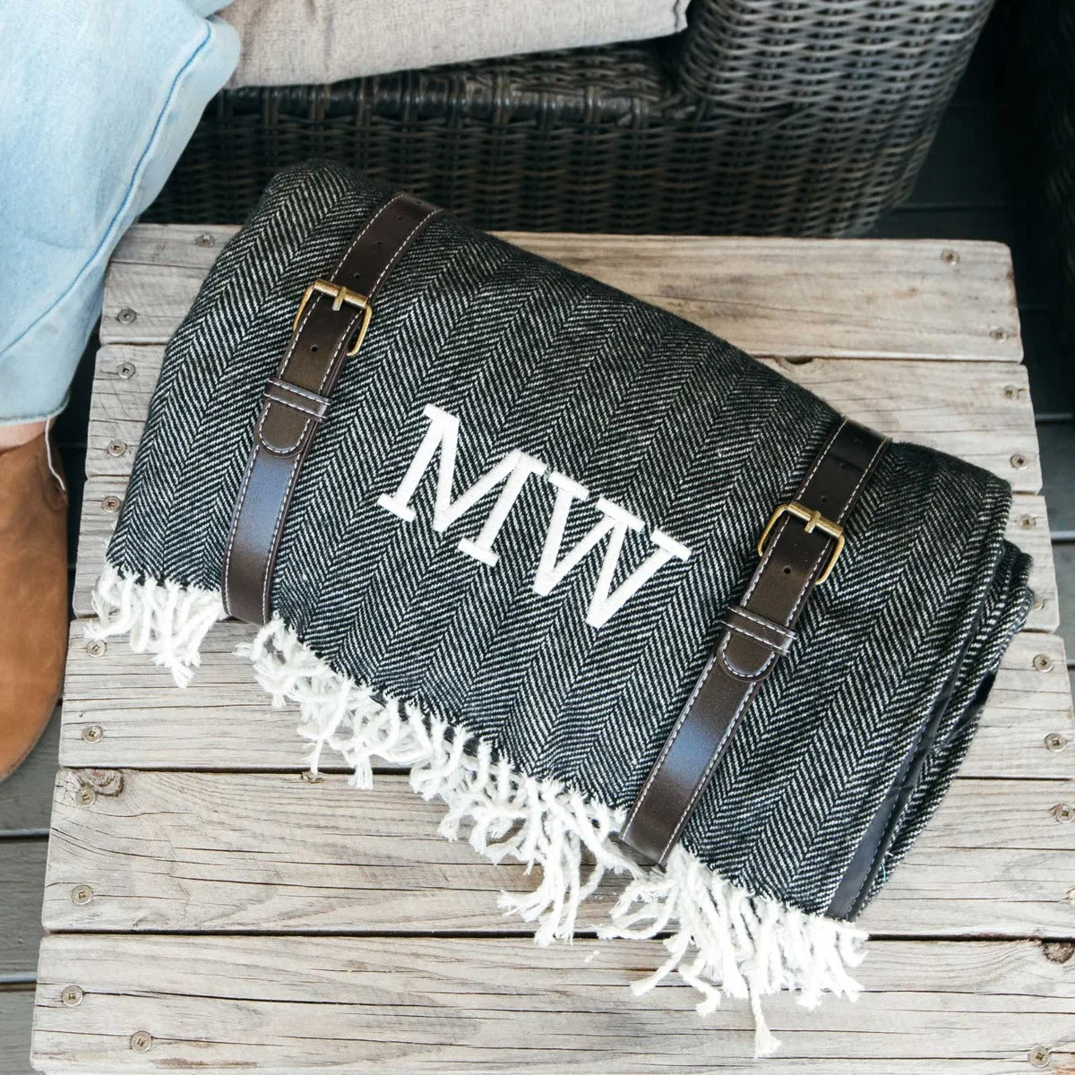 Embroidered Woven Picnic Blanket with Waterproof Backing
