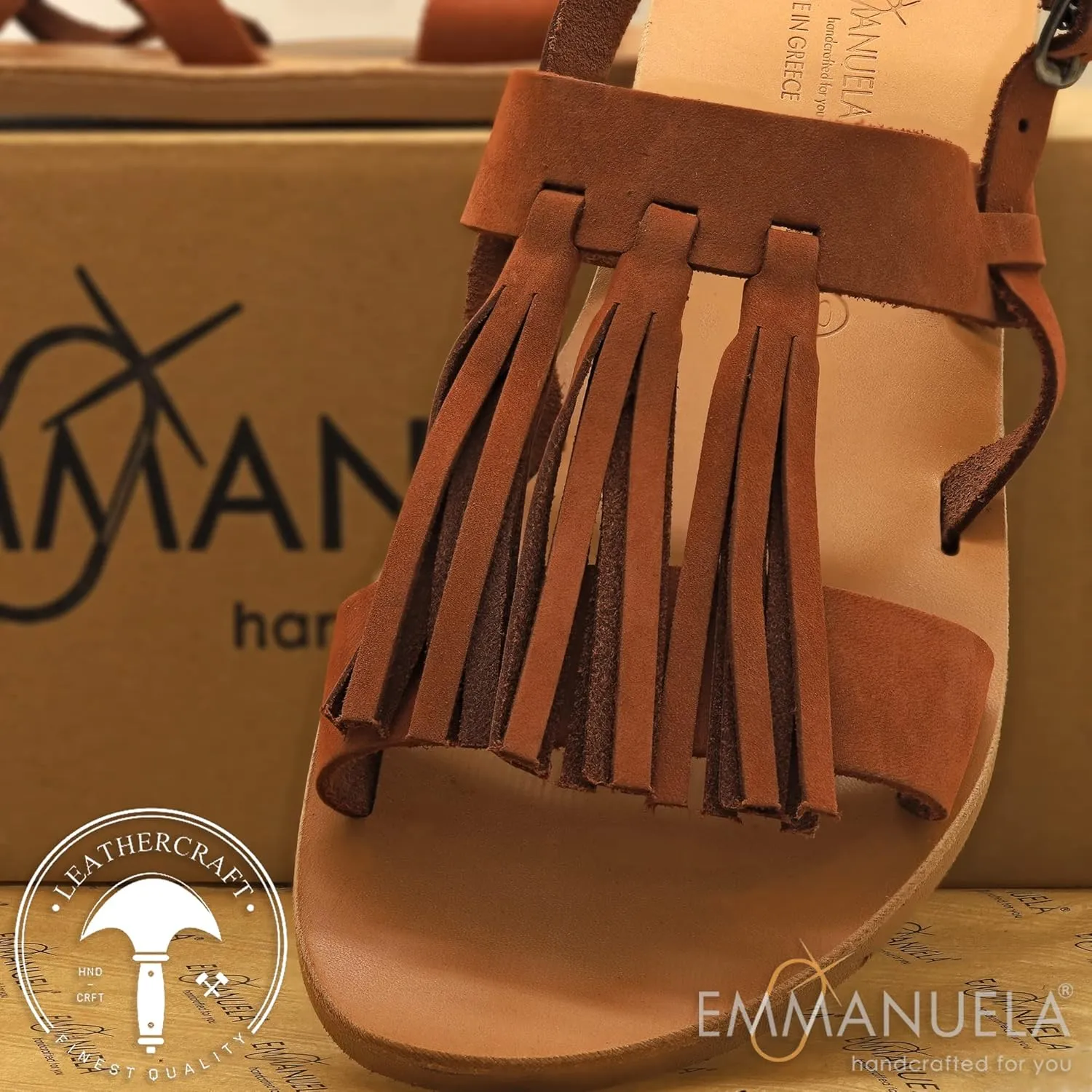 Emmanuela Ancient Greek Leather Ornamented Sandals with adjustable buckle strap, Quality Ankle Strap Summer Shoes for Women, Boho Chic Thong Sandals with Metal elements