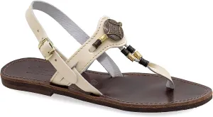 Emmanuela Ancient Greek Leather Ornamented Sandals with adjustable buckle strap, Quality Ankle Strap Summer Shoes for Women, Boho Chic Thong Sandals with Metal elements