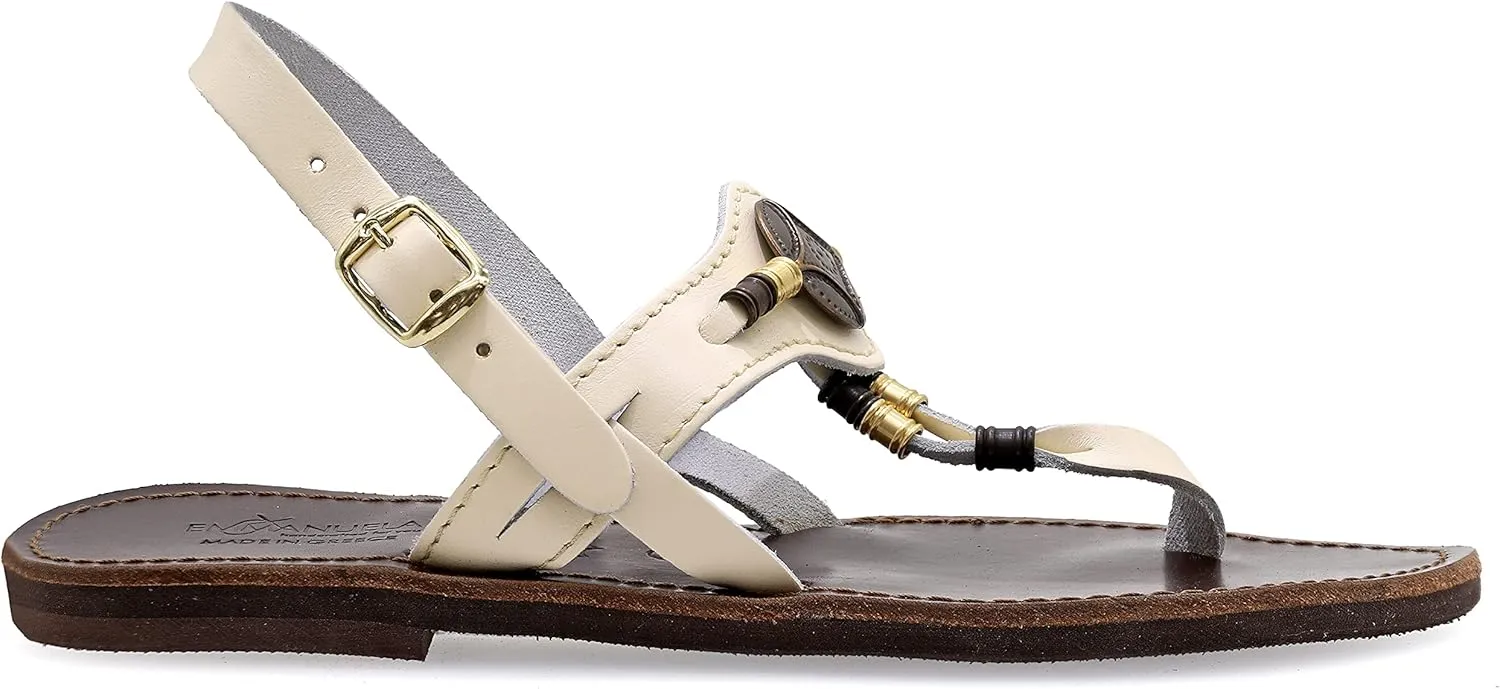 Emmanuela Ancient Greek Leather Ornamented Sandals with adjustable buckle strap, Quality Ankle Strap Summer Shoes for Women, Boho Chic Thong Sandals with Metal elements