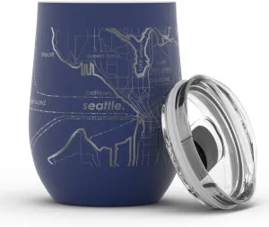 Engraved Seattle Washington Map Insulated Wine Tumbler, Etched Stainless Steel Cup (12 oz, Midnight Blue) City Map Insulated Tumbler, Custom Insulated Tumbler, Outdoor Drinkware