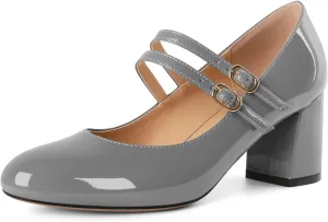Esvowido Mary Janes Shoes for Women 2.5 Inch Double Straps Low Chunky Heels Comfortable Block Round Closed Toe Pumps in Patent Leather US Sizes 5 to 13