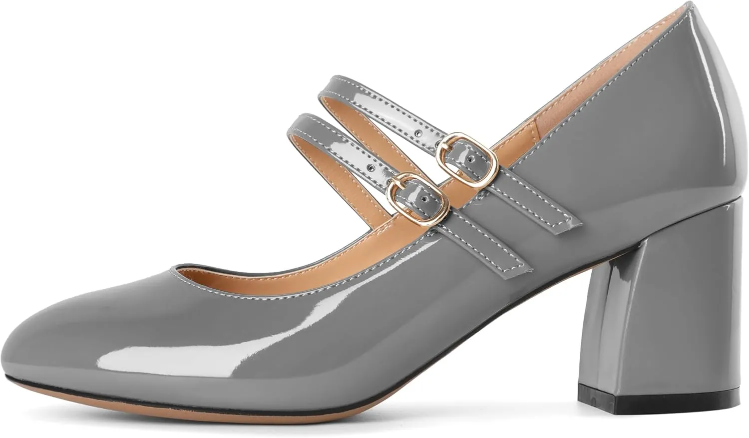 Esvowido Mary Janes Shoes for Women 2.5 Inch Double Straps Low Chunky Heels Comfortable Block Round Closed Toe Pumps in Patent Leather US Sizes 5 to 13
