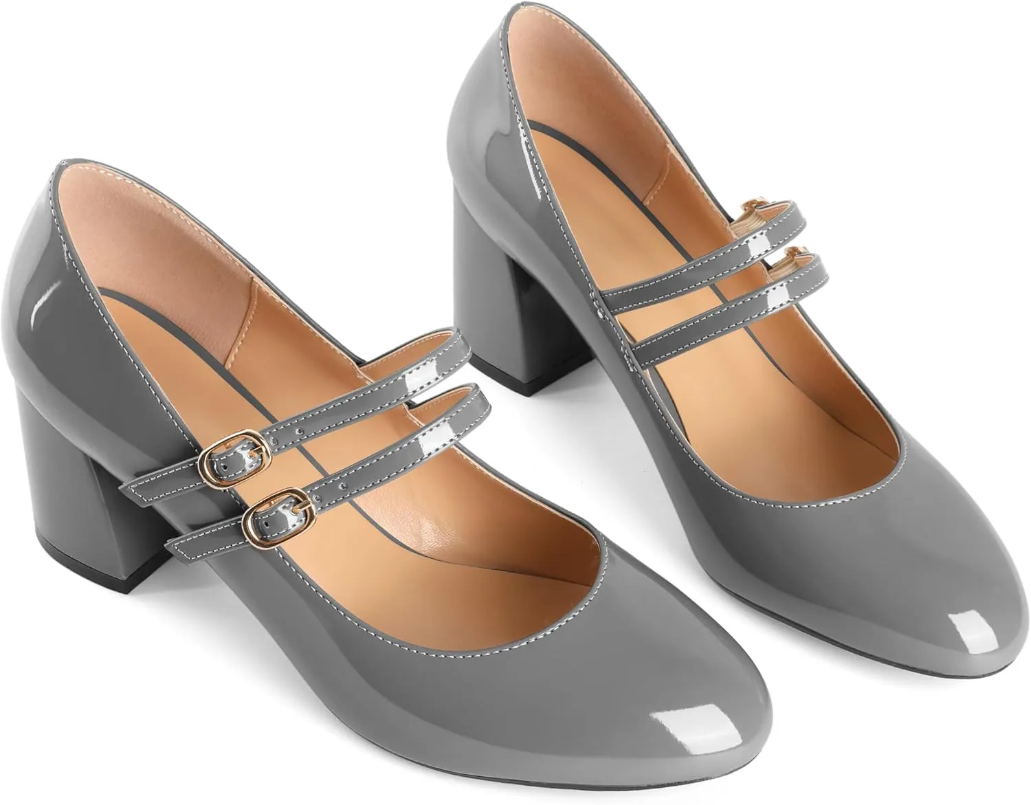 Esvowido Mary Janes Shoes for Women 2.5 Inch Double Straps Low Chunky Heels Comfortable Block Round Closed Toe Pumps in Patent Leather US Sizes 5 to 13