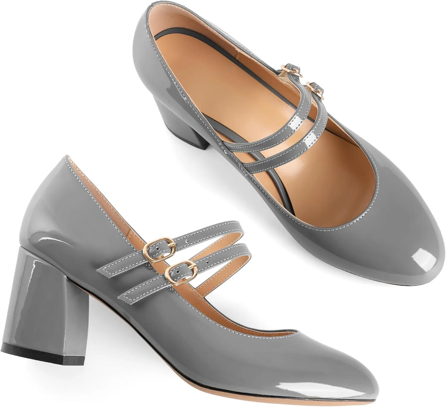 Esvowido Mary Janes Shoes for Women 2.5 Inch Double Straps Low Chunky Heels Comfortable Block Round Closed Toe Pumps in Patent Leather US Sizes 5 to 13