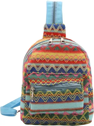 Ethnic Tribal Pattern Soft Fabric Handmade Convertible Zipper Sling Backpack, Lightweight Travel Adjustable Crossbody Bags