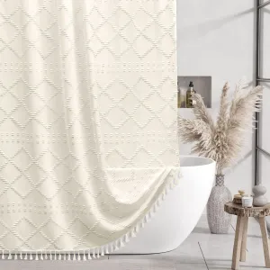 Extra Long Cream Boho Shower Curtain, 72 x 78 Tufted Chevron Textured Striped Modern Farmhouse Minimalist Woven Fabric for Bathroom