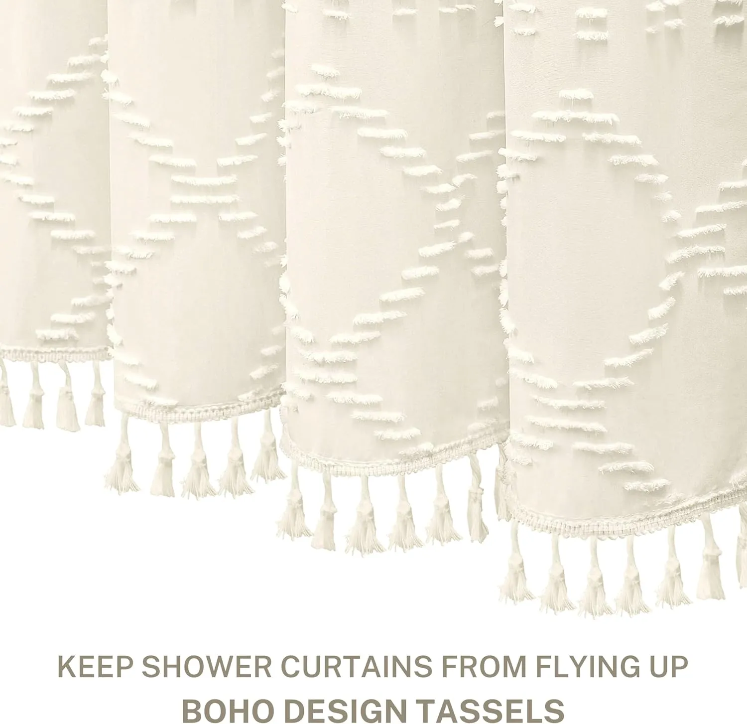 Extra Long Cream Boho Shower Curtain, 72 x 78 Tufted Chevron Textured Striped Modern Farmhouse Minimalist Woven Fabric for Bathroom