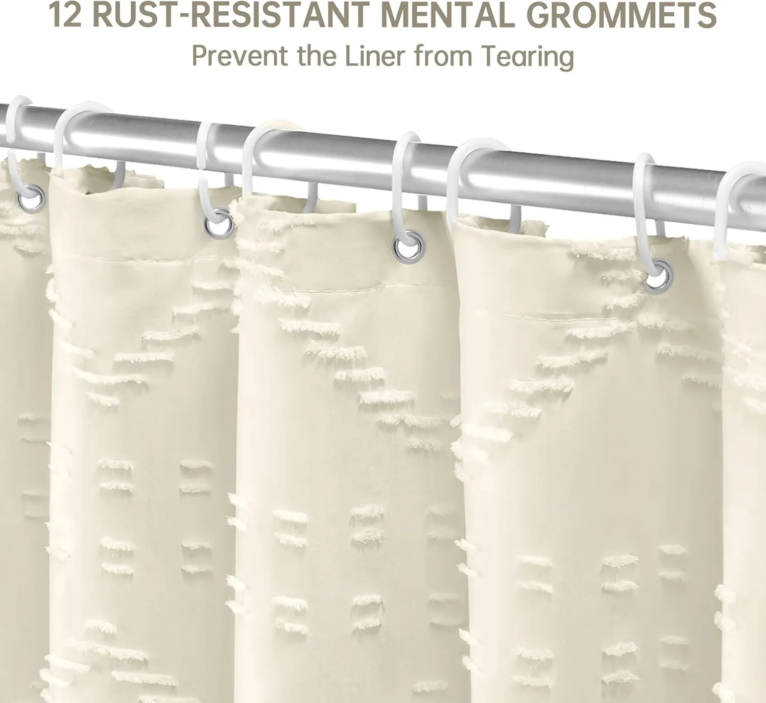 Extra Long Cream Boho Shower Curtain, 72 x 78 Tufted Chevron Textured Striped Modern Farmhouse Minimalist Woven Fabric for Bathroom