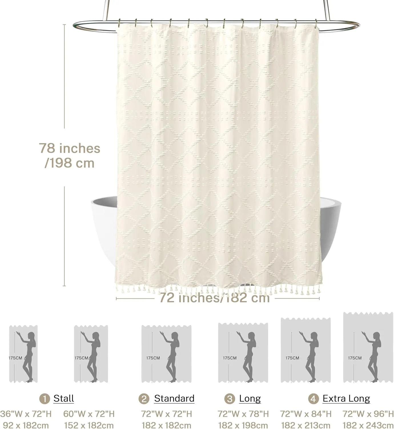 Extra Long Cream Boho Shower Curtain, 72 x 78 Tufted Chevron Textured Striped Modern Farmhouse Minimalist Woven Fabric for Bathroom