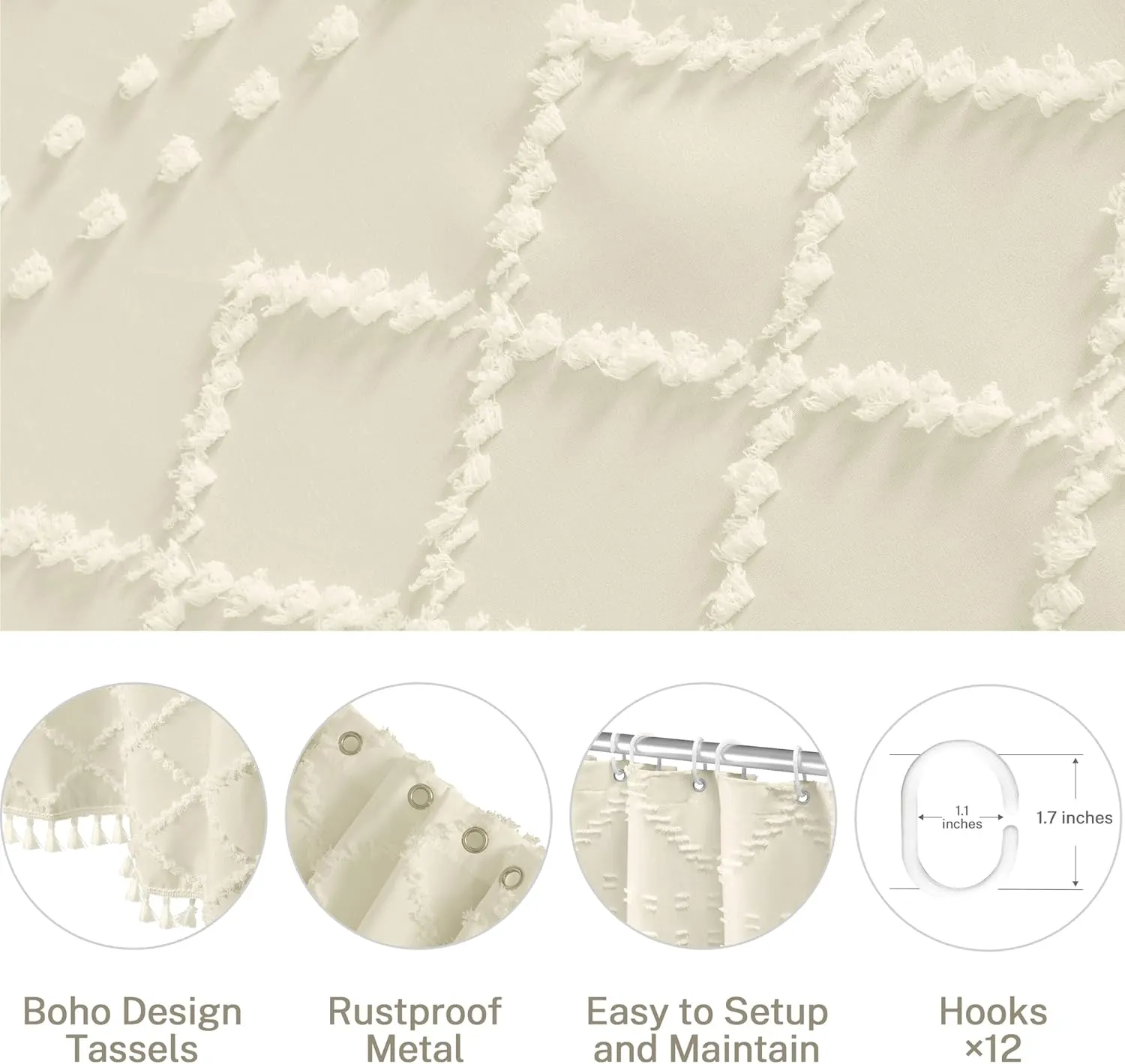 Extra Long Cream Boho Shower Curtain, 72 x 78 Tufted Chevron Textured Striped Modern Farmhouse Minimalist Woven Fabric for Bathroom