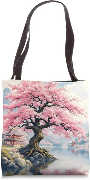Fantasy Sakura Temples Lake Tote Bag