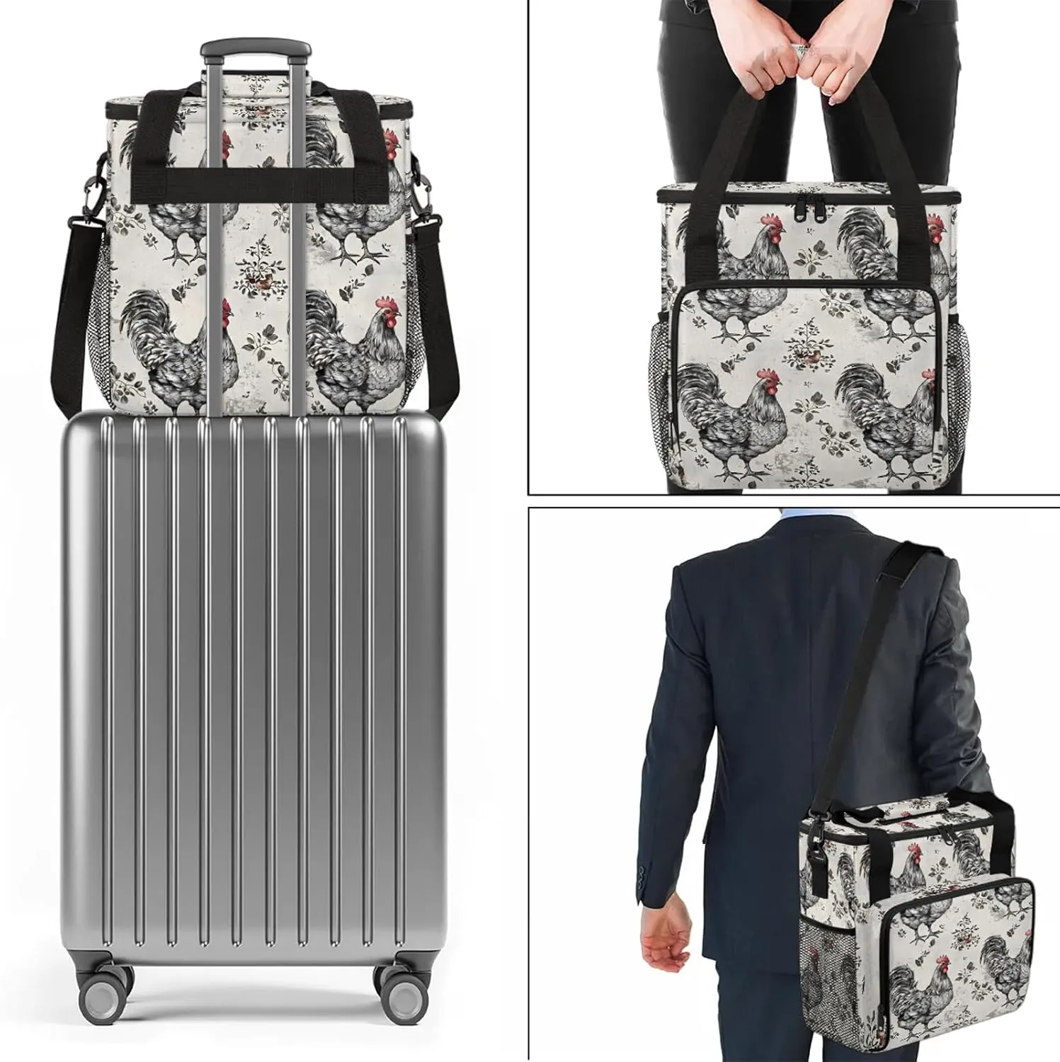 Farmhouse Chicken Hen Coffee Maker Carring Bag, Large Insulated Storage Organizer Case Tote Bags with Shoulder Strap for Travel Work Picnic