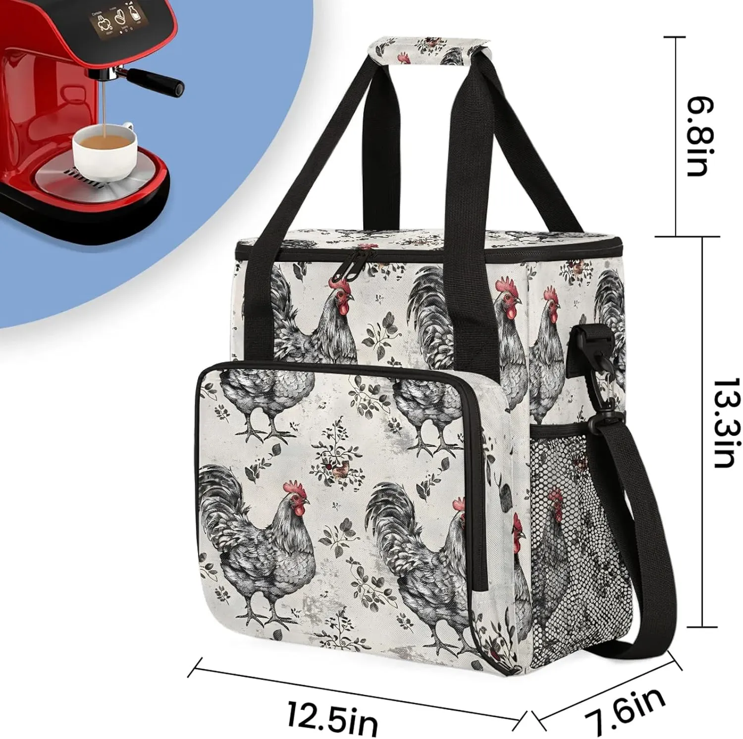 Farmhouse Chicken Hen Coffee Maker Carring Bag, Large Insulated Storage Organizer Case Tote Bags with Shoulder Strap for Travel Work Picnic