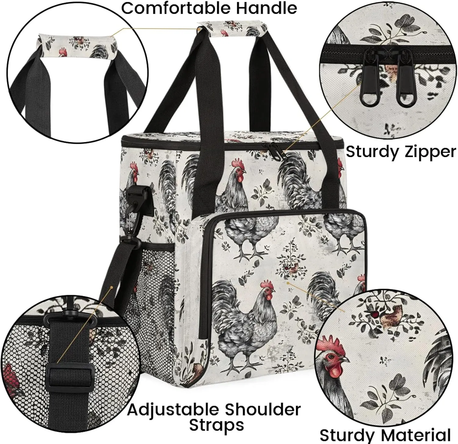 Farmhouse Chicken Hen Coffee Maker Carring Bag, Large Insulated Storage Organizer Case Tote Bags with Shoulder Strap for Travel Work Picnic