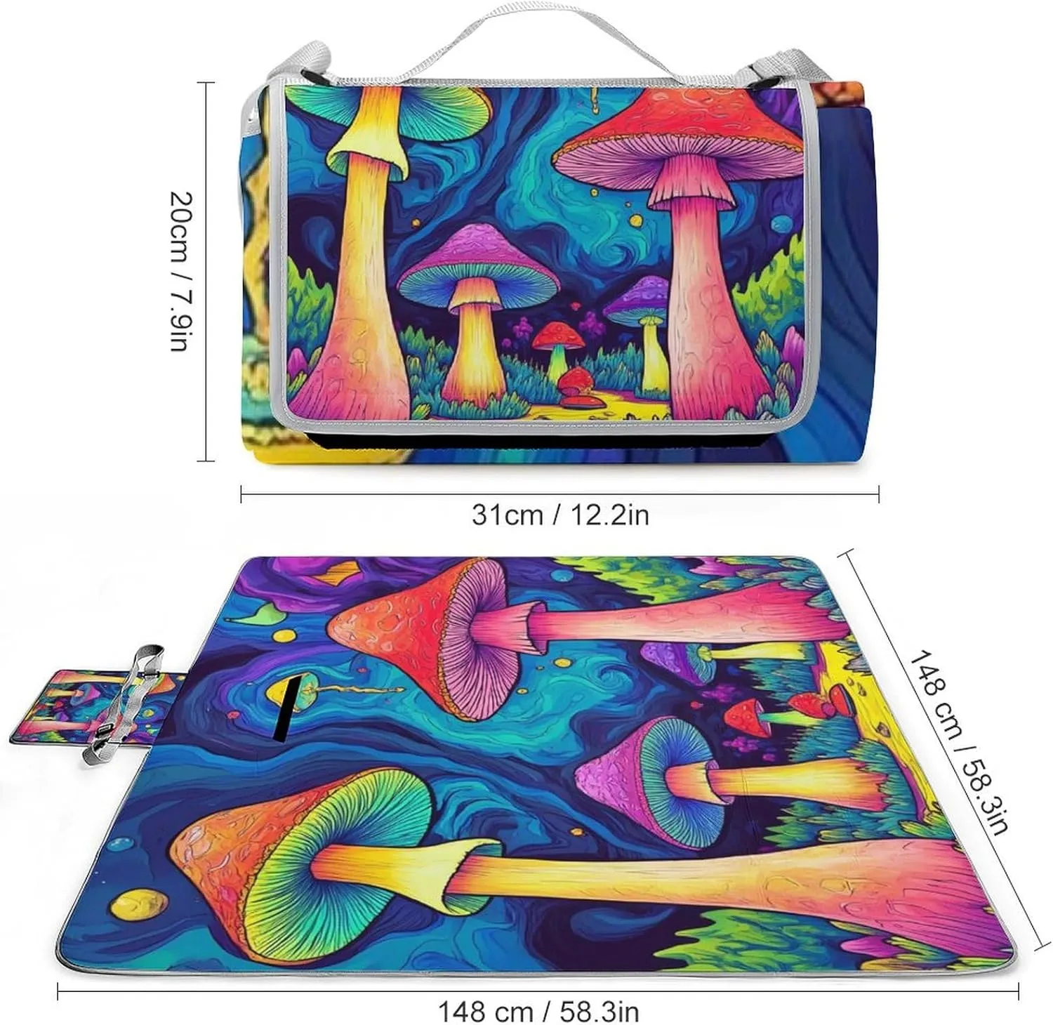 Fashion Beach Mat for Women Men Unisex, Sandproof Trippy Magic Mushrooms Art Blanket Easy to Clean, Waterproof Blanket for Camping Picnic